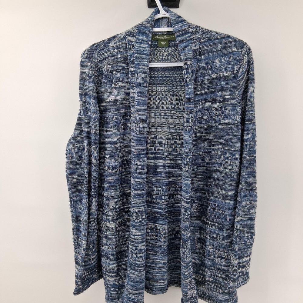 Eddie Bauer Cardigan Sweater Womens Small Blue Stripe Open Front Cotton Knit